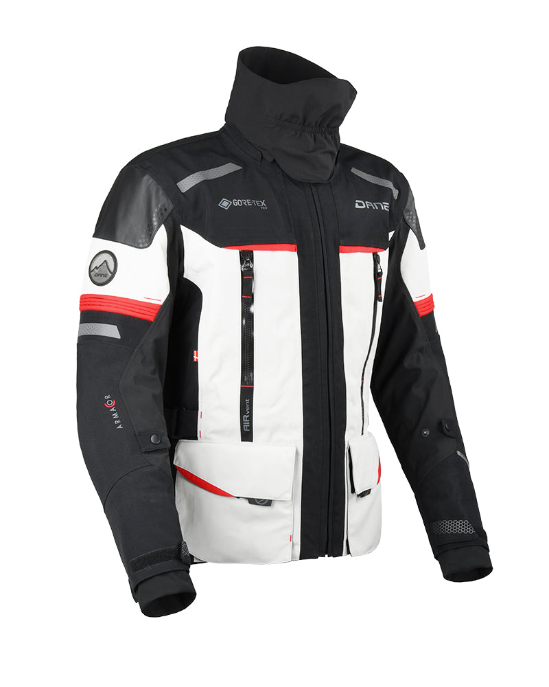 motorcycle jacket dane Bornholm pro goretex waterproof thermal ventilation zipper storm collar 3d mesh riding gear stormcuff gray black racing alpine touring adventure adv front 