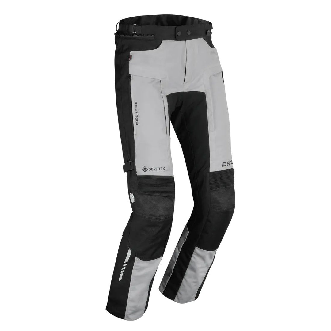 motorcycle pants dane dalvik goretex inner pants braces prepared knee protectors reflective grip patches riding silver gray black alpine touring adventure adv front