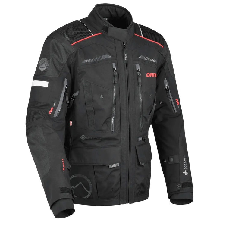 motorcycle jacket dane hornum goretex windproof waterproof breathable thermal liner chest pockets ventilation 3d mesh protection black riding alpine touring adventure adv front