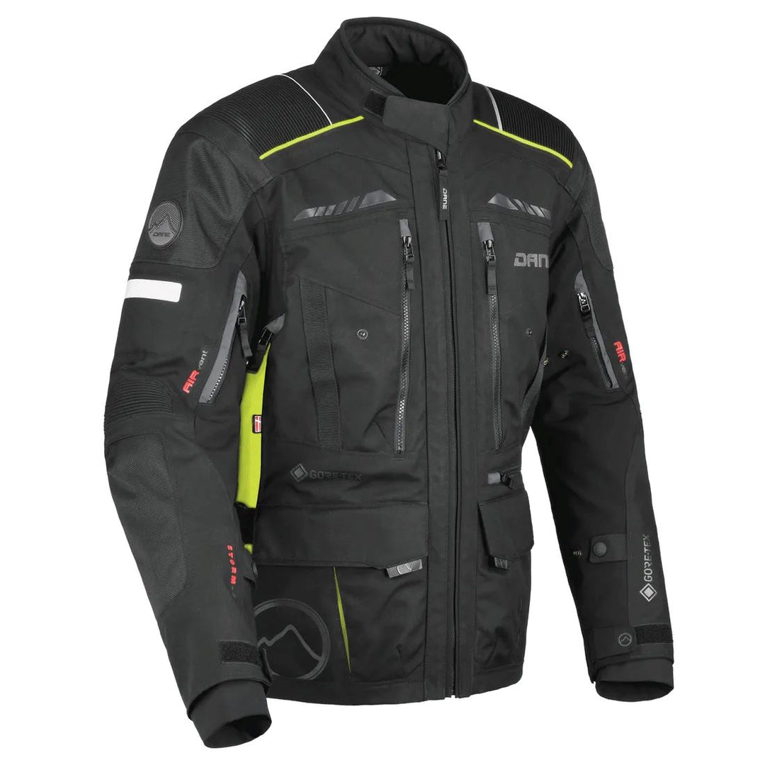 motorcycle jacket dane hornum goretex windproof waterproof breathable thermal liner chest pockets ventilation 3d mesh protection black fluorescent riding alpine touring adventure adv front