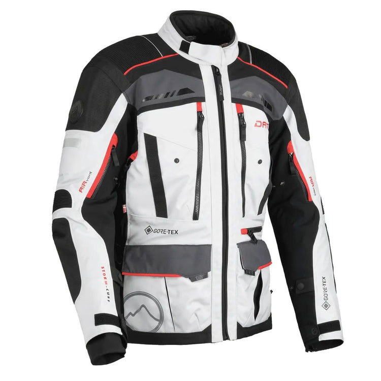 motorcycle jacket dane hornum goretex windproof waterproof breathable thermal liner chest pockets ventilation 3d mesh protection gray red black fluorescent riding alpine touring adventure adv front