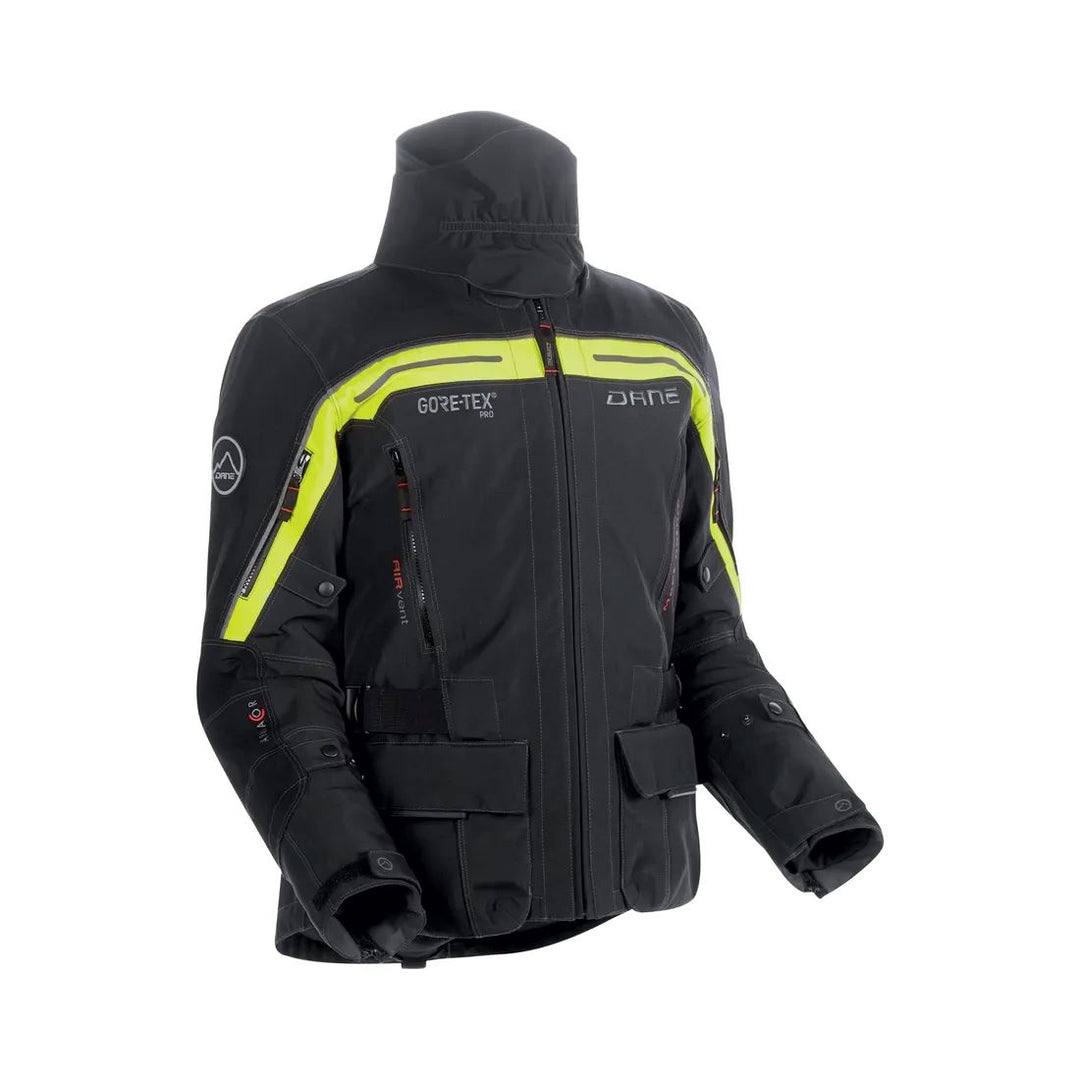 motorcycle jacket dane nimbus pro goretex windproof waterproof breathable summer jacket thermal liner insulation stretch tex armacor 3d mesh inner pockets ventilation storm collar black fluorescent yellow riding alpine touring adventure adv 